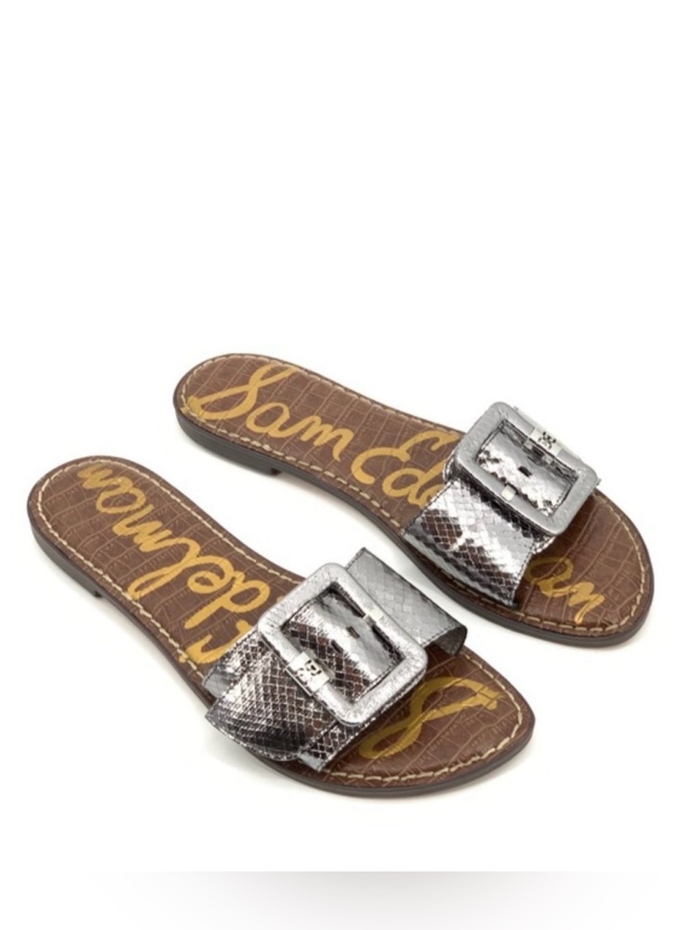 Sam Edelman Grenada Metallic Silver Snake Buckle Slide Sandals Size 9.5